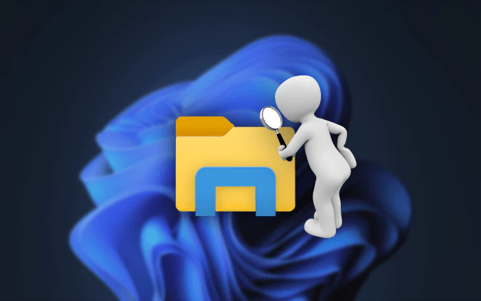 Windows 배경 화면 과 파일 탐색기 아이콘 위 돋보기 든 캐릭터